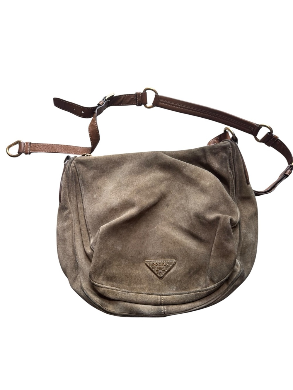 Prada As-is Brown Taupe Suede Messenger Bag Genuine Leather with Strap